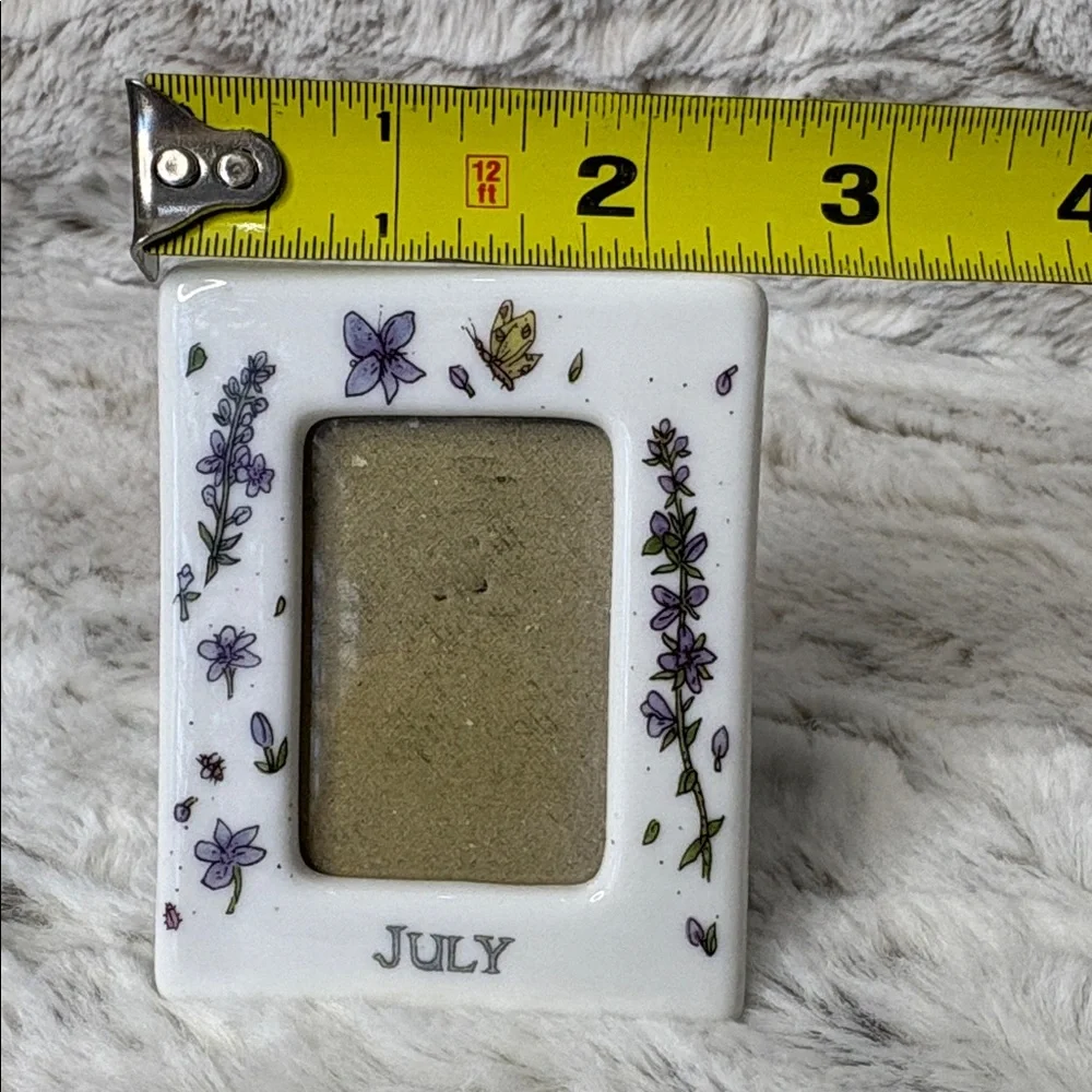 July Ceramic Precious Moments Angel Figurine & July Small Floral Frame. Vintage
